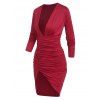 Ruched Plunging Neckline Mini Tulip Dress - DEEP RED L