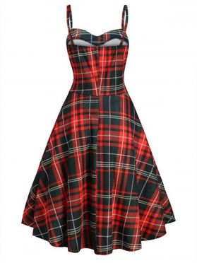 Vintage Rockabilly Plaid Corset Style Fit and Flare Cami Dress 