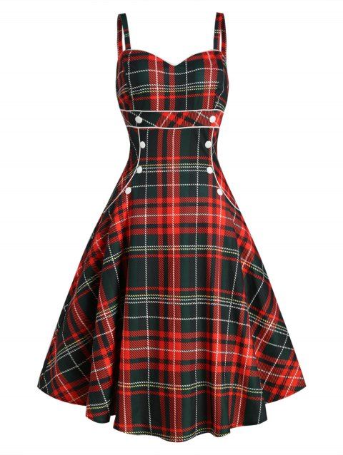 Vintage Rockabilly Plaid Corset Style Fit and Flare Cami Dress