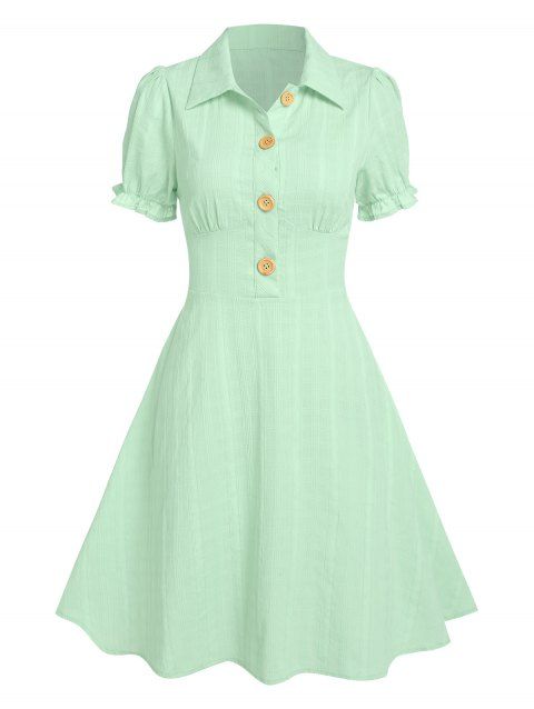 Vintage Dress Half Button Mini Dress Ruffles Short Sleeve Fit And Flare Dress