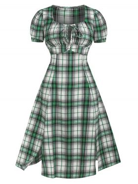 Vintage Dress Plaid Print Midi Dress Bow Tie Cut Out Slit Dress Ruched Bust Puff Sleeve Dress