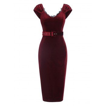 

Velour Lace Insert Cap Sleeve Belted Pencil Dress, Red