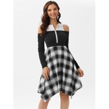 

Galaxy Plaid Print Cold Shoulder Half Zip Handkerchief Dress, Black