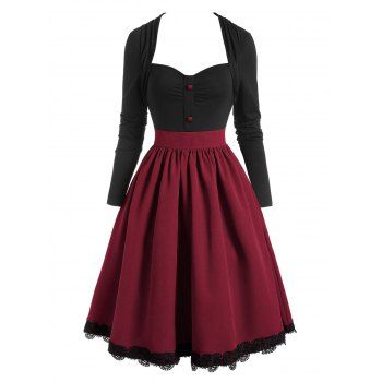 

Vintage Contrast Bicolor Guipure Lace Hem Colorblock A Line Dress, Red