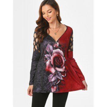 

Floral Colorblock Zipper Rhinestone Caged Shoulder T Shirt, Multicolor