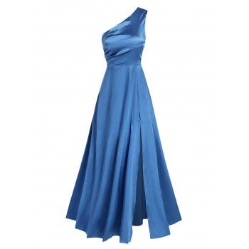 

One Shoulder High Slit Satin Prom Dress, Blue