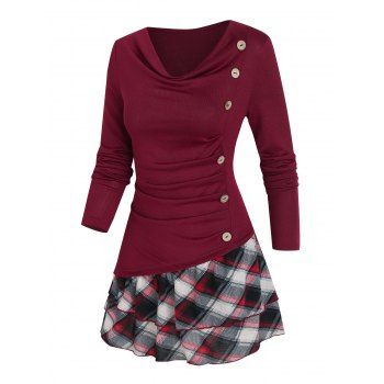 

Plaid Print Mock Button Layered T-shirt, Deep red