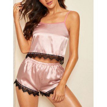 

Lace Insert Satin Cami Pajama Shorts Set, Light pink