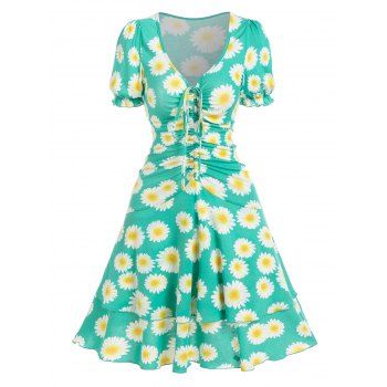 

Daisy Floral Cinched Ruched Puff Sleeve Layered A Line Dress, Green
