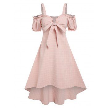 

Plaid Pattern High Low Dress Cold Shoulder Midi Dress Bowknot Ruffled Empire Waist Dress, Light pink