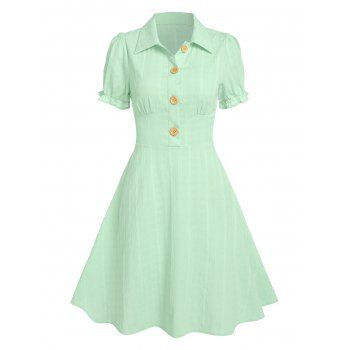 

Vintage Dress Half Button Mini Dress Ruffles Short Sleeve Fit And Flare Dress, Light green