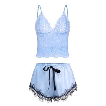 

Lace Insert Bowknot Satin Pajama Shorts Set, Light blue