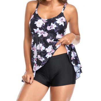 

Vacation Modest Swimsuit Floral Print Skirted Tankini Swimwear, Black