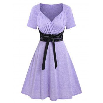 Raglan Sleeve Lace Panel Bowknot Surplice Dress