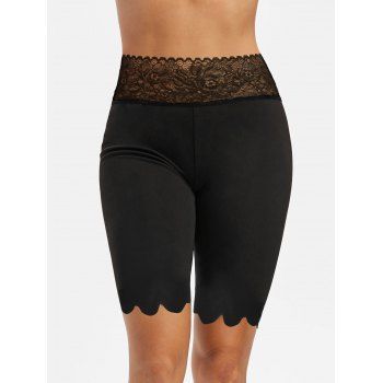 

High Rise Lace Panel Scalloped Biker Shorts, Black