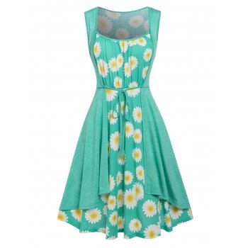 

Summer Vacation Front Tie Daisy Print 2 in 1 A Line Mini Dress, Green