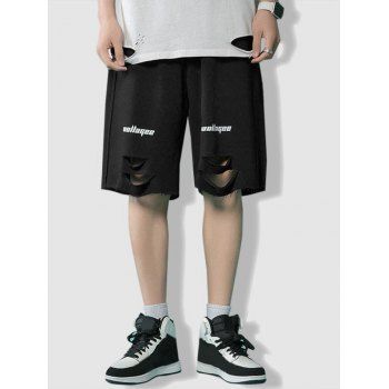 

Letter Print Ripped Casual Shorts, Black