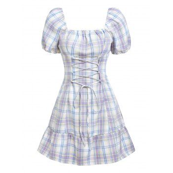 Corset Style Plaid Puff Sleeve Lace Up Flounce Milkmaid A Line Dress