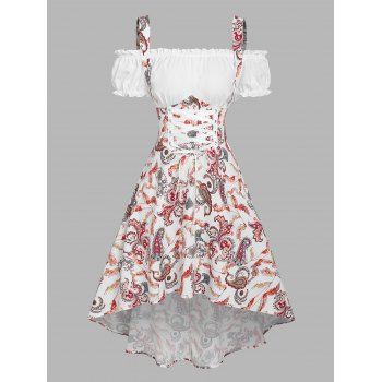 

Summer Garden Party Dress Paisley Print Vacation Dress Lace Up Cold Shoulder High Low Midi Dress, Multicolor