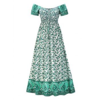 

Off Shoulder Floral Smocked Cinched Long Dress, Light green