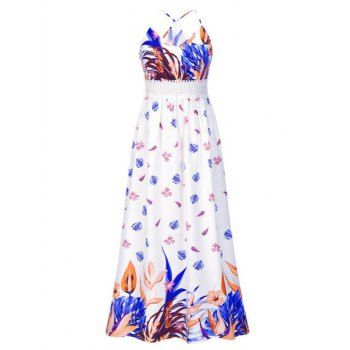 

Leaf Flower Print Beach Sundress Crochet Waist Long Cami Dress, White