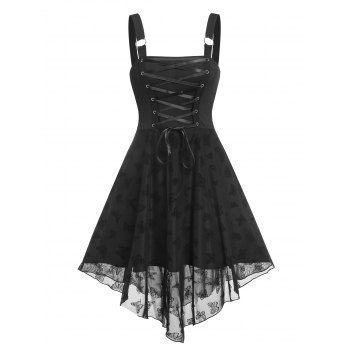 

Summer Lace Up Butterfly Mesh Corset Style Flare Dress, Black