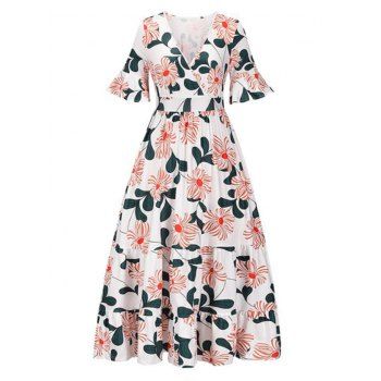 

Vacation Surplice Flower Leaf Ruffled Cuff Long Dress, Multicolor