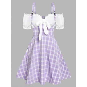 

Bowknot Cold Shoulder Plaid Dress, Light purple