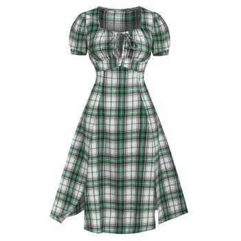 

Vintage Dress Plaid Print Midi Dress Bow Tie Cut Out Slit Dress Ruched Bust Puff Sleeve Dress, Light green