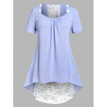 

Plus Size Lace Insert Lace Up High Low T-shirt, Light blue