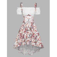 dresslily Summer Lace Up Cold Shoulder Paisley Print High Low Midi Dress