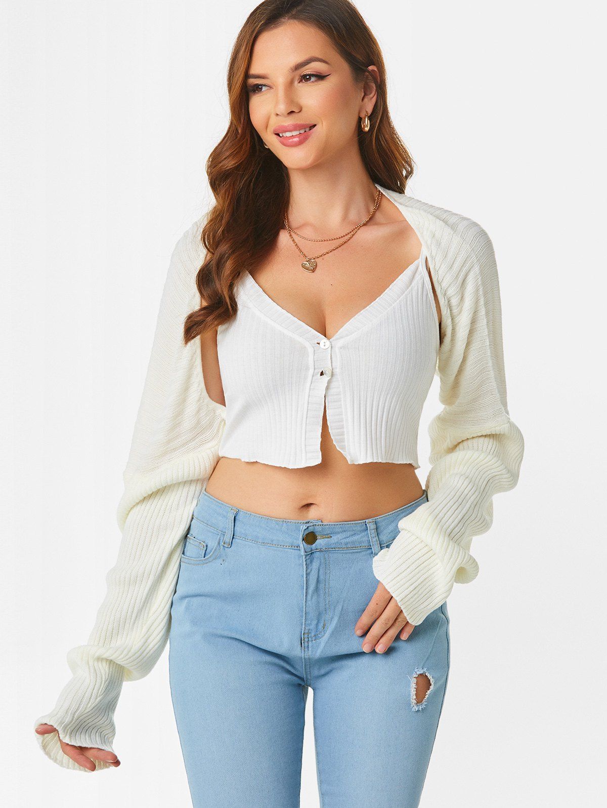 Ribbed Drop Shoulder Open Front Crop Poncho - WHITE ONE SIZE