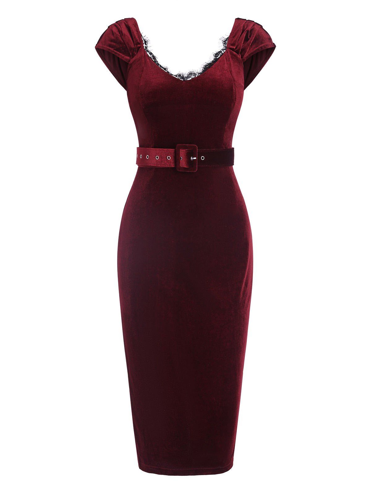 Velour Lace Insert Cap Sleeve Belted Pencil Dress - RED S