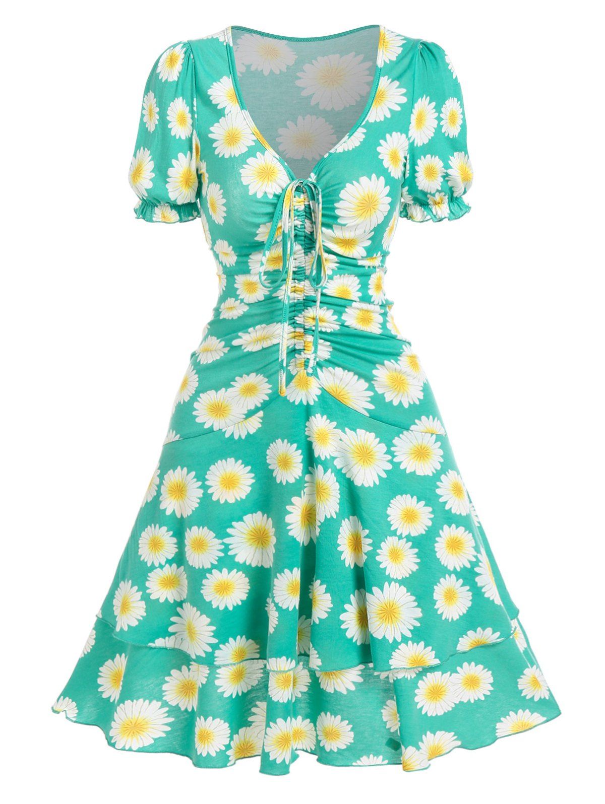 Daisy Floral Cinched Ruched Puff Sleeve Layered A Line Dress - GREEN XL