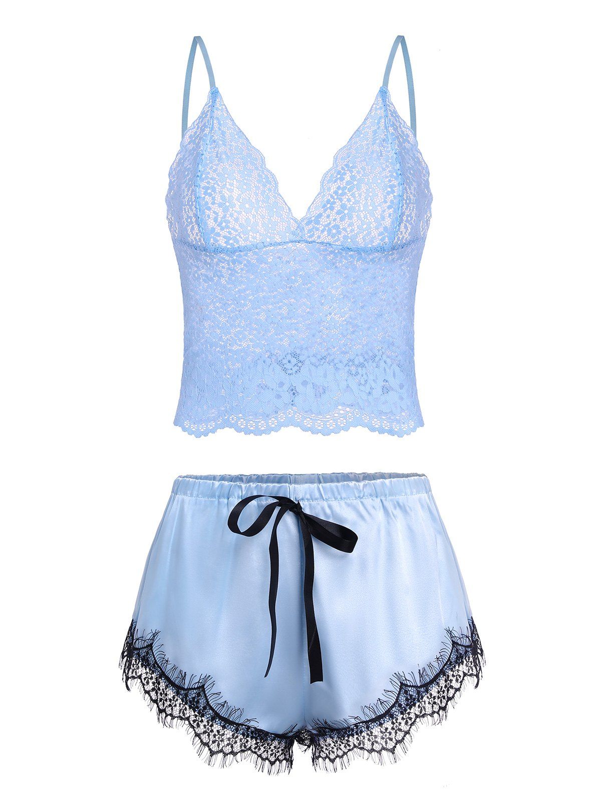Lace Insert Bowknot Satin Pajama Shorts Set - LIGHT BLUE L