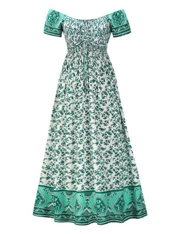 Off Shoulder Floral Smocked Cinched Long Dress - LIGHT GREEN XXL