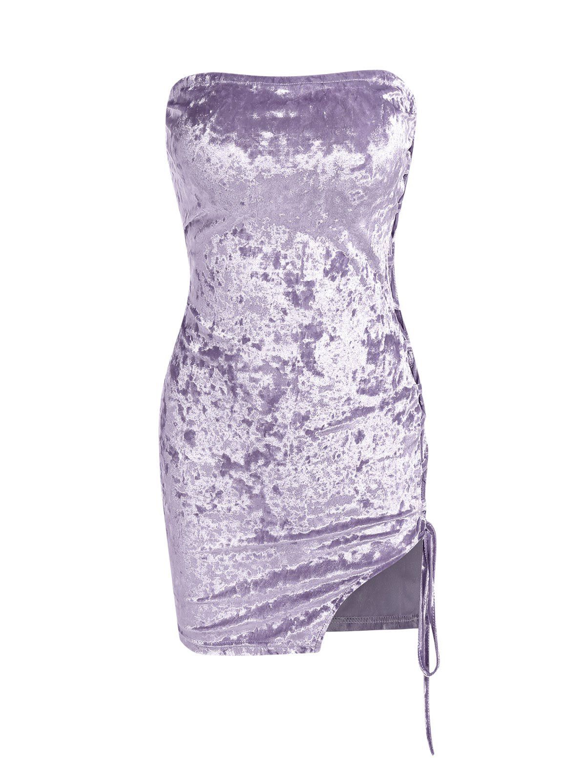 Strapless Lace-up Side Slit Velour Party Dress - LIGHT PURPLE S