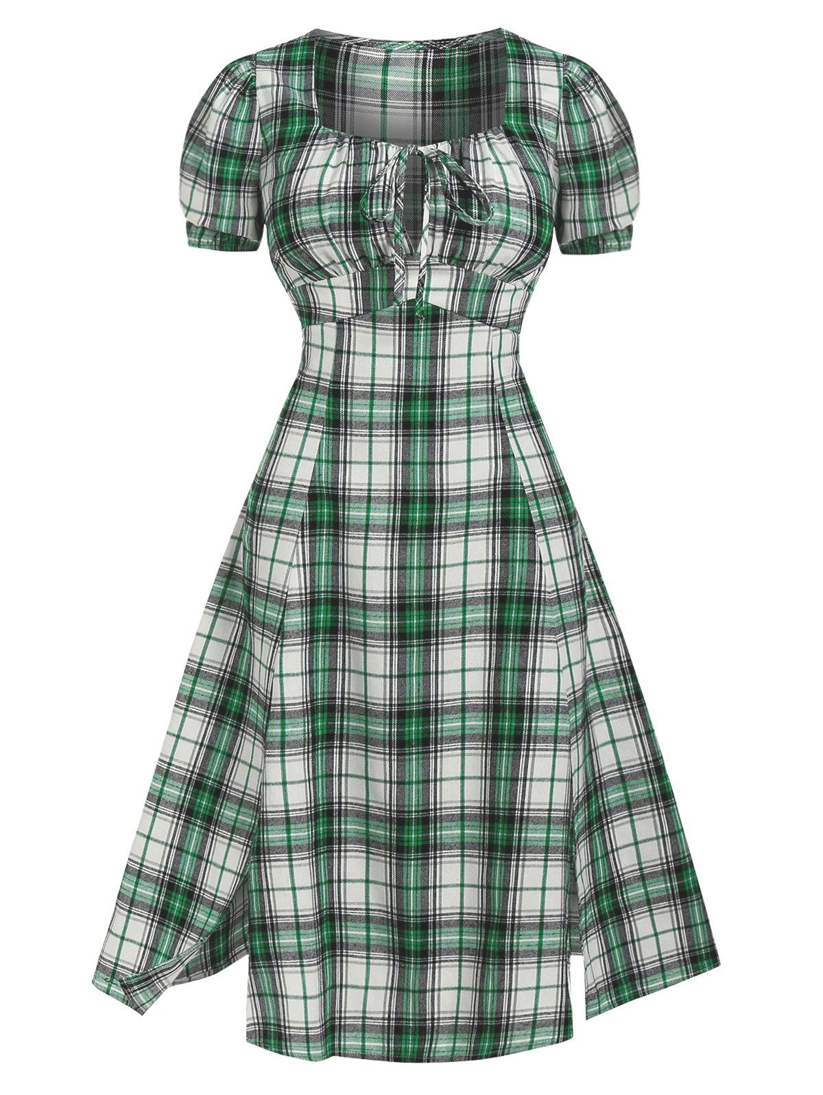 Vintage Dress Plaid Print Midi Dress Bow Tie Cut Out Slit Dress Ruched Bust Puff Sleeve Dress - LIGHT GREEN XXL