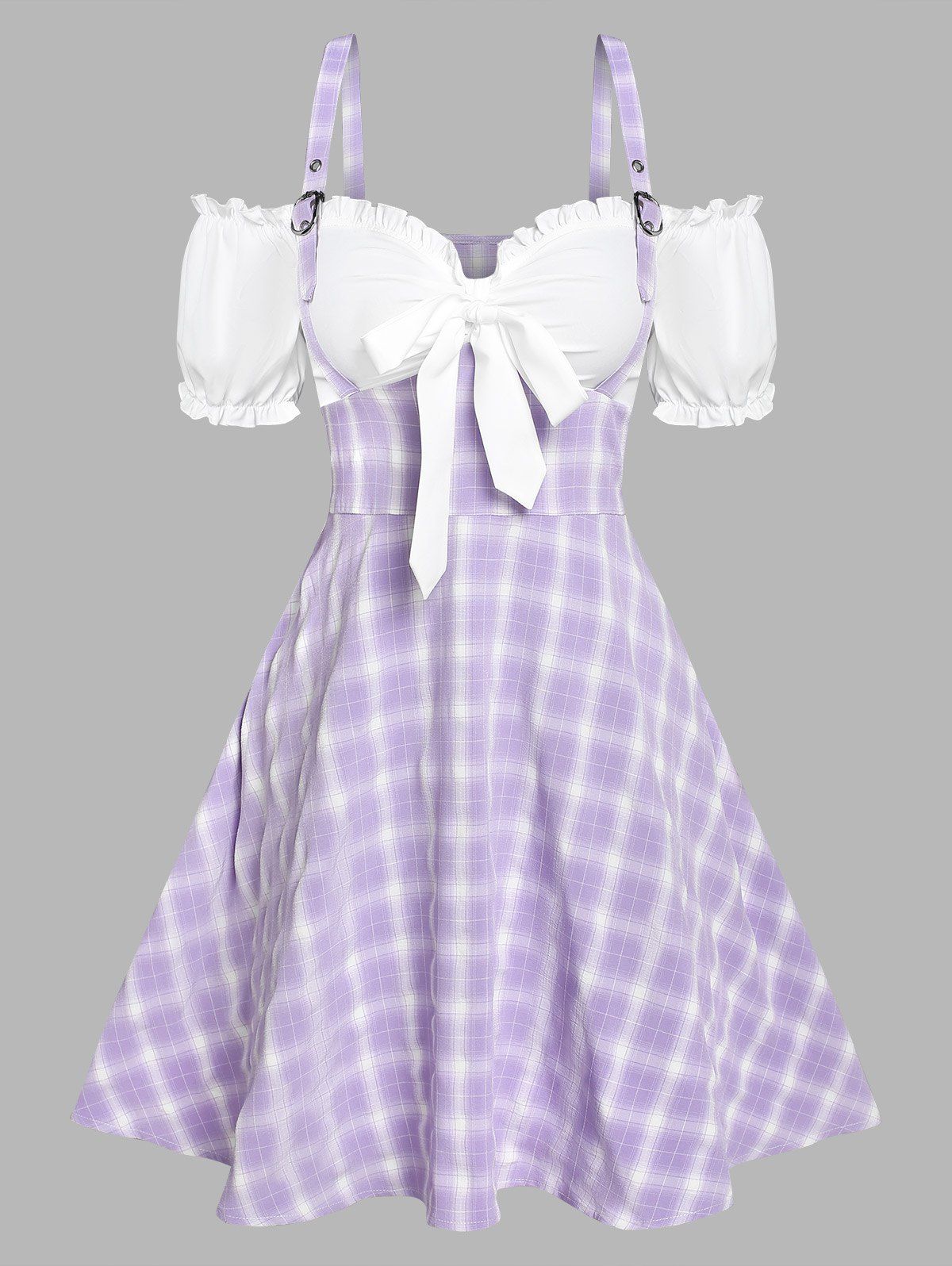 Bowknot Cold Shoulder Plaid Dress - LIGHT PURPLE XXXL