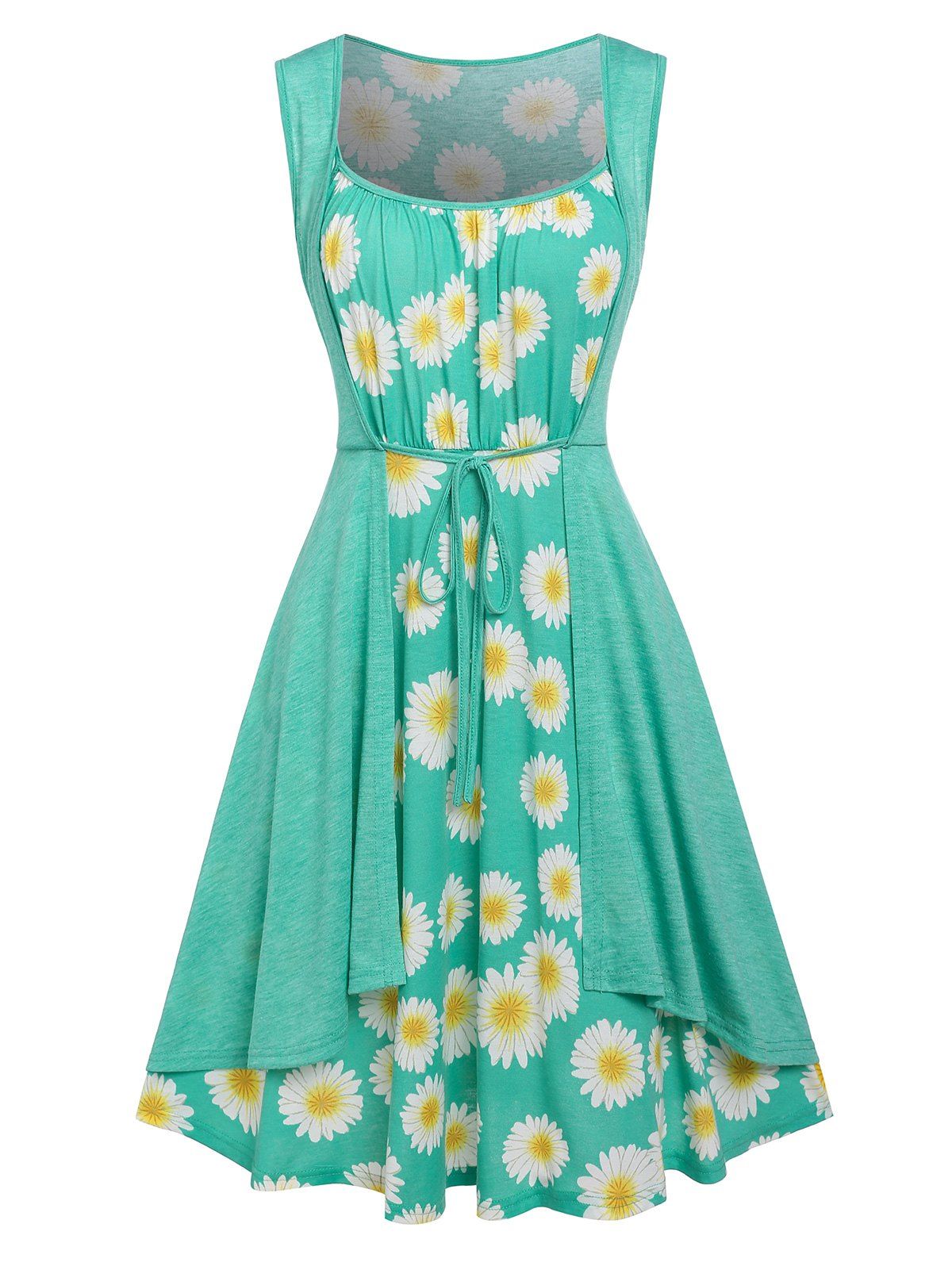 Summer Vacation Front Tie Daisy Print 2 in 1 A Line Mini Dress - GREEN M