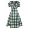 Vintage Dress Plaid Print Midi Dress Bow Tie Cut Out Slit Dress Ruched Bust Puff Sleeve Dress - LIGHT GREEN XXL