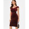 Velour Lace Insert Cap Sleeve Belted Pencil Dress - RED S