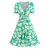 Daisy Floral Cinched Ruched Puff Sleeve Layered A Line Dress - GREEN XL
