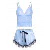 Lace Insert Bowknot Satin Pajama Shorts Set - LIGHT BLUE L