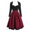 Vintage Contrast Bicolor Guipure Lace Hem Colorblock A Line Dress - RED XL