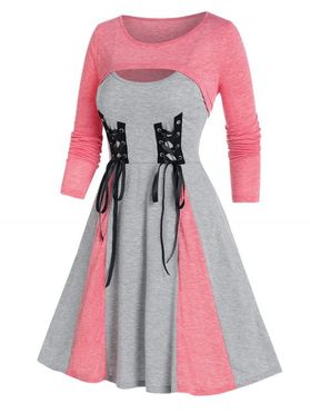 Contrast Colorblock Lace Up Cami Flare Dress and Shrug Top Set