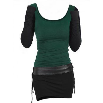 

Contrast Colorblock Bicolor Lace Up Bodycon Mini Dress, Deep green