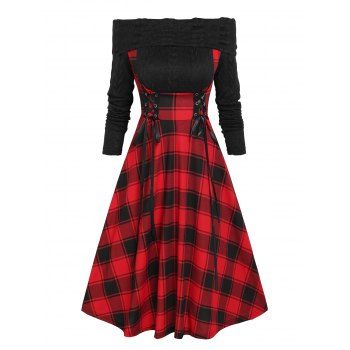 

Vintage Off Shoulder Plaid Lace Up 2 In 1 Dress, Red