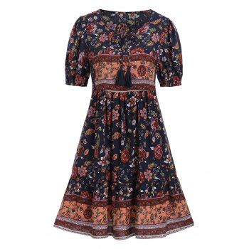 

Floral Print Keyhole Puff Sleeve Dress, Deep blue