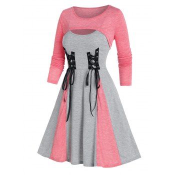 

Contrast Colorblock Lace Up Cami Flare Dress and Shrug Top Set, Gray